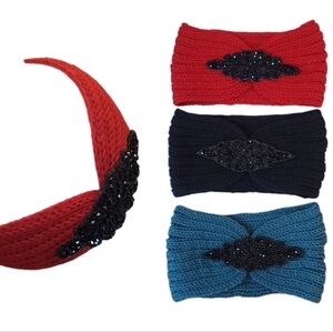 3 Pieces Set Headband Womens Winter Ear Warm Crystal Beads Turban Headwrap New